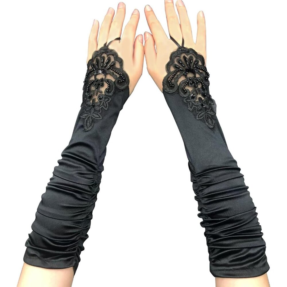 Women's A-A-Black Fingerless Satin Long Evening Gloves Wedding Party Costumes
